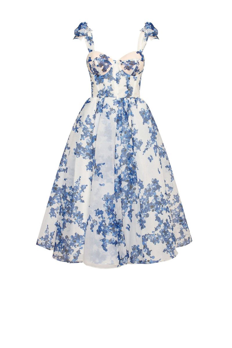 Women's Floral Corset Bodice A-Line Fall Midi Dress