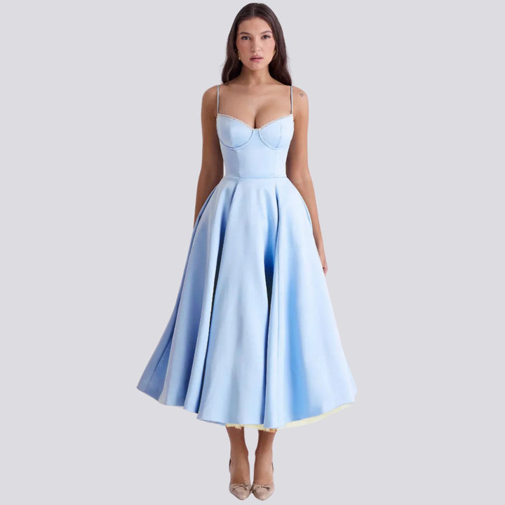 Women's Floral Corset Bodice A-Line Fall Midi Dress