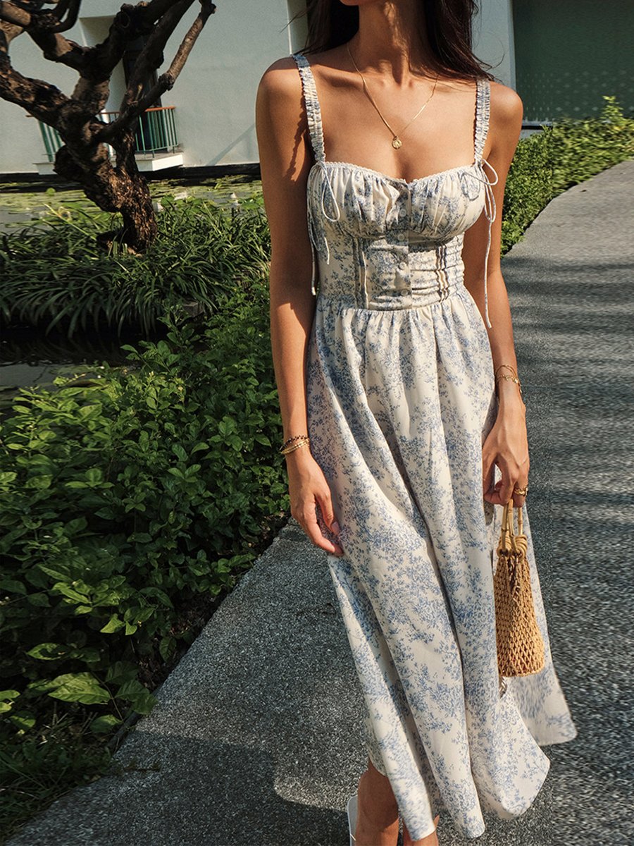 Women's Floral Corset-Bodice Midi Fall Wedding Guest Dress