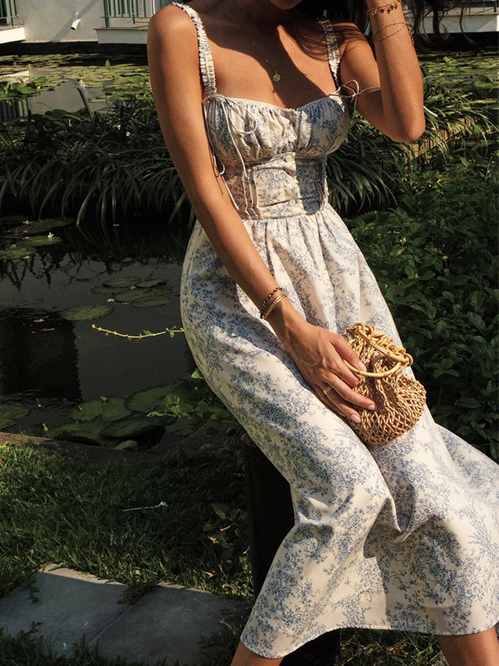 Women's Floral Corset-Bodice Midi Fall Wedding Guest Dress