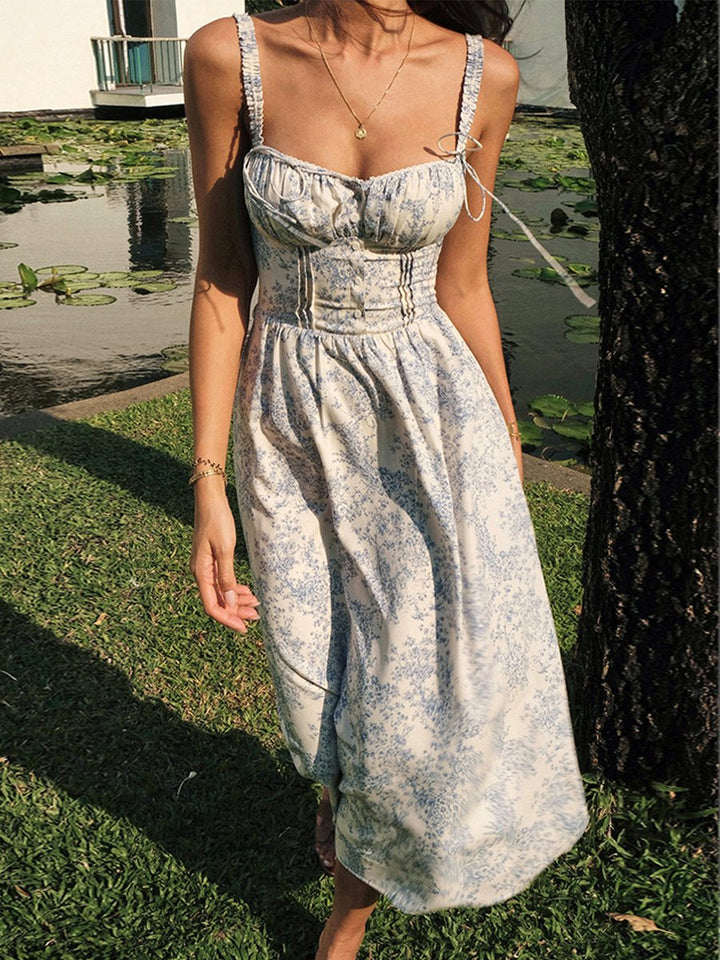 Women's Floral Corset-Bodice Midi Fall Wedding Guest Dress