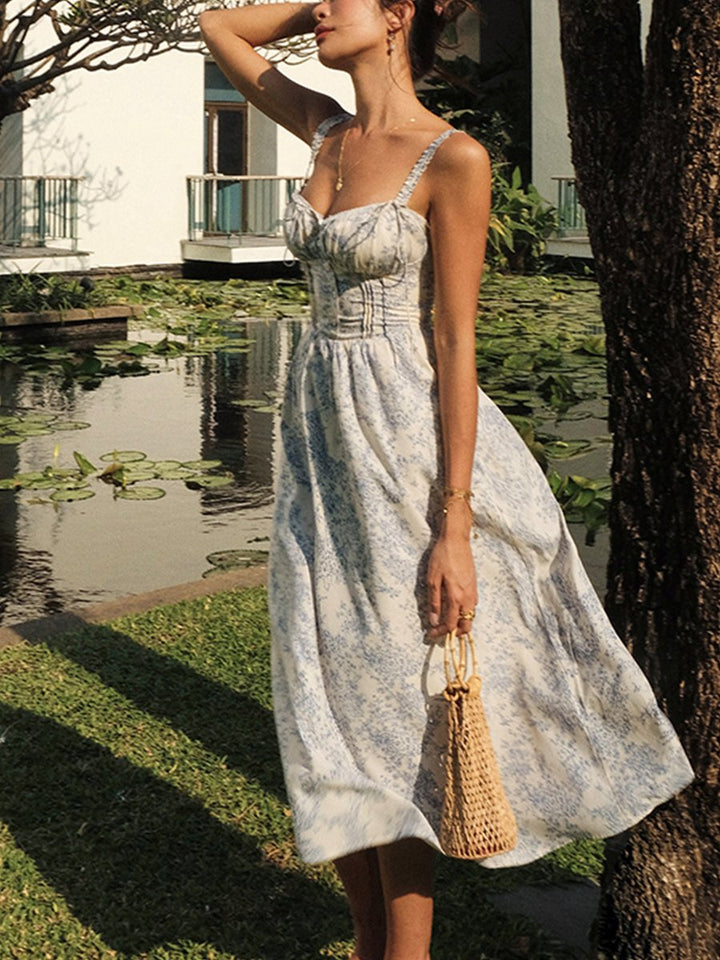 Women's Floral Corset-Bodice Midi Fall Wedding Guest Dress