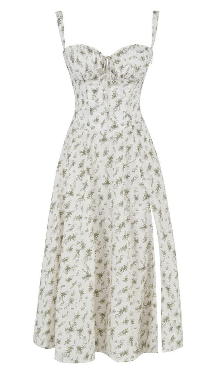 Women's Floral Corset-Bodice Satin Fall Midi Dress Side Slit