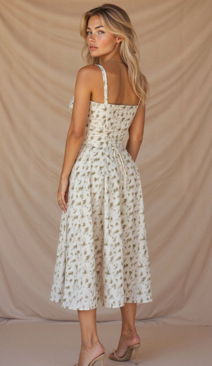Women's Floral Corset-Bodice Satin Fall Midi Dress Side Slit