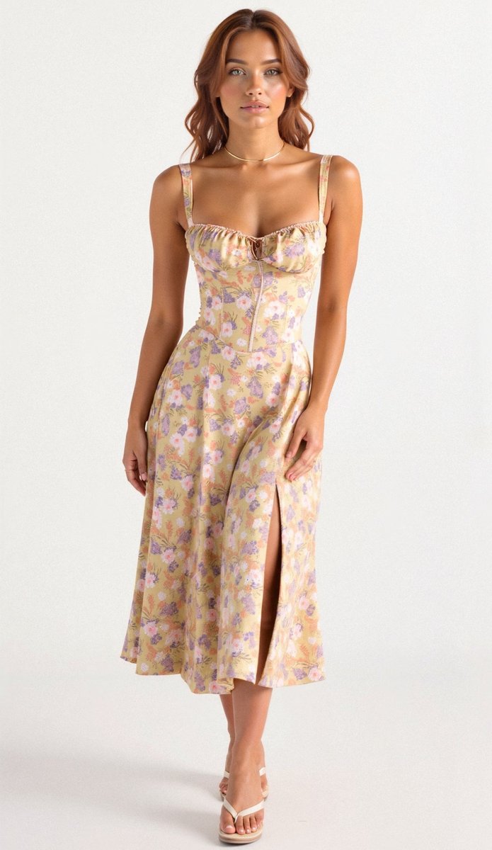 Women's Floral Corset-Bodice Satin Fall Midi Dress Side Slit