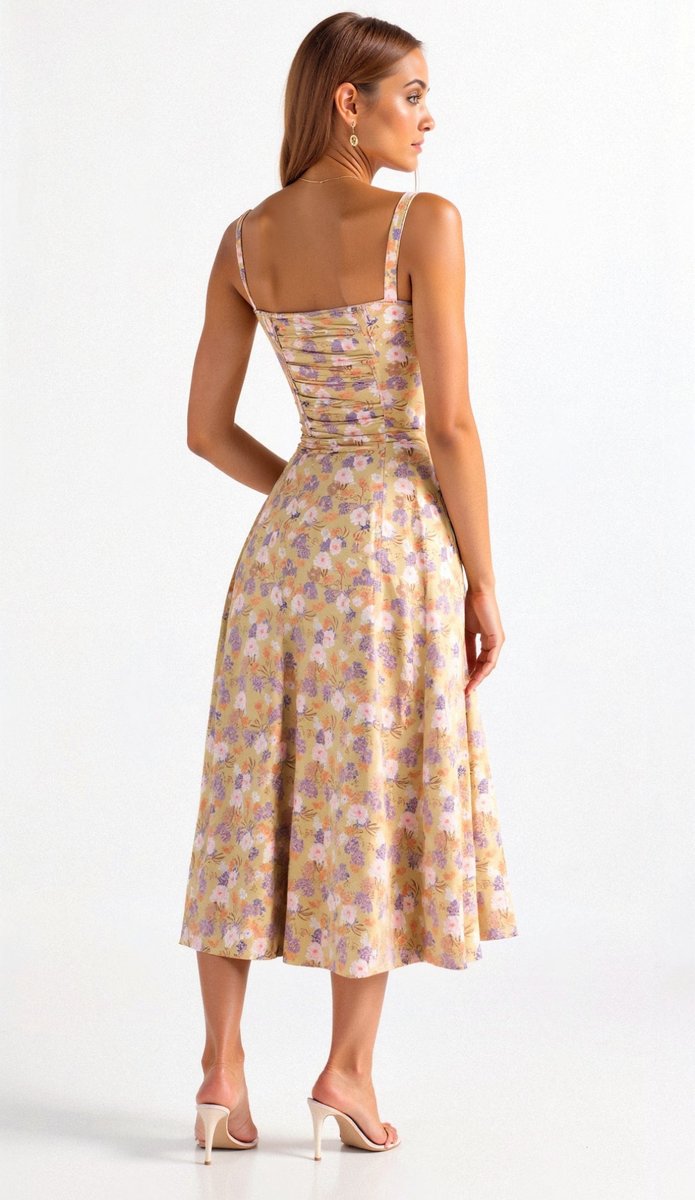Women's Floral Corset-Bodice Satin Fall Midi Dress Side Slit