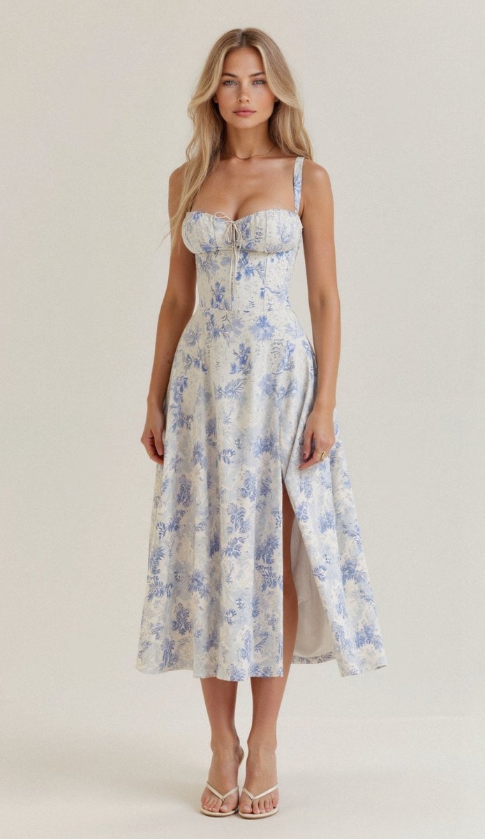 Women's Floral Corset-Bodice Satin Fall Midi Dress Side Slit