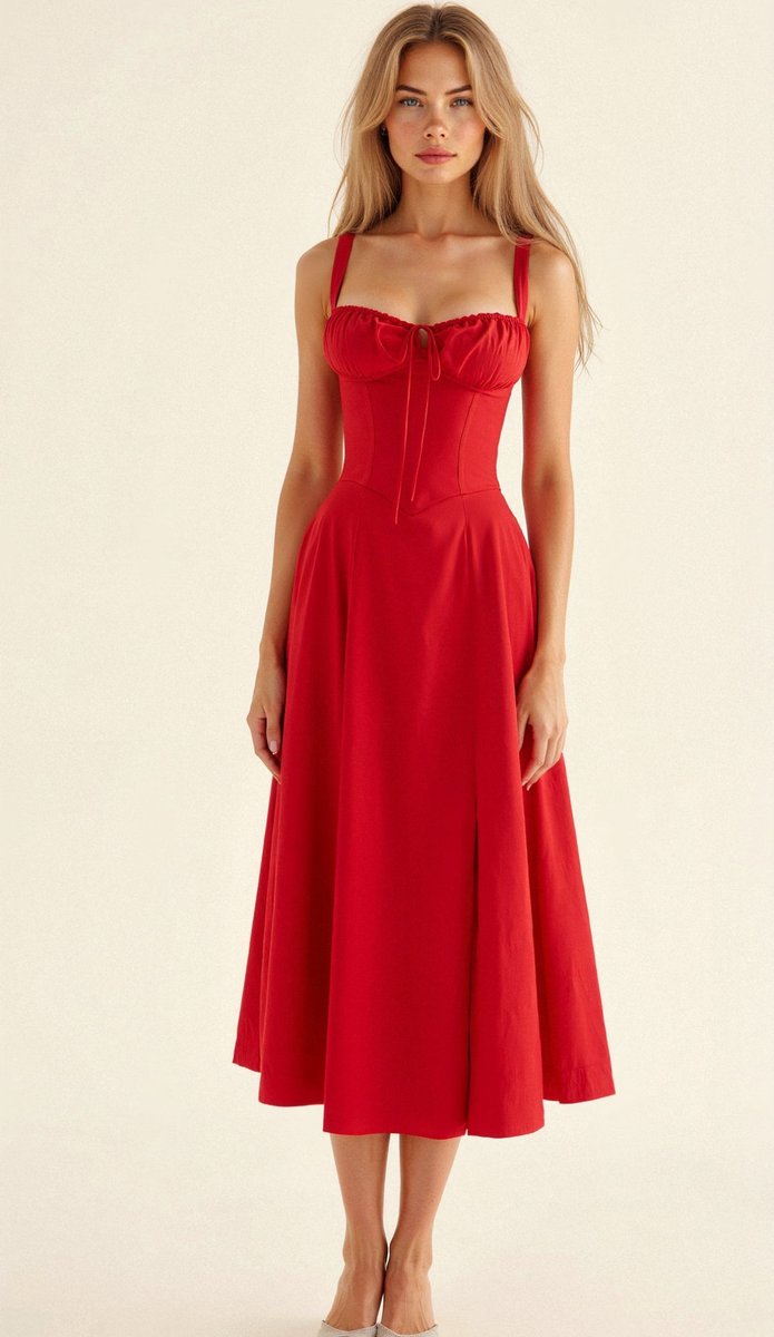 Women's Floral Corset-Bodice Satin Fall Midi Dress Side Slit