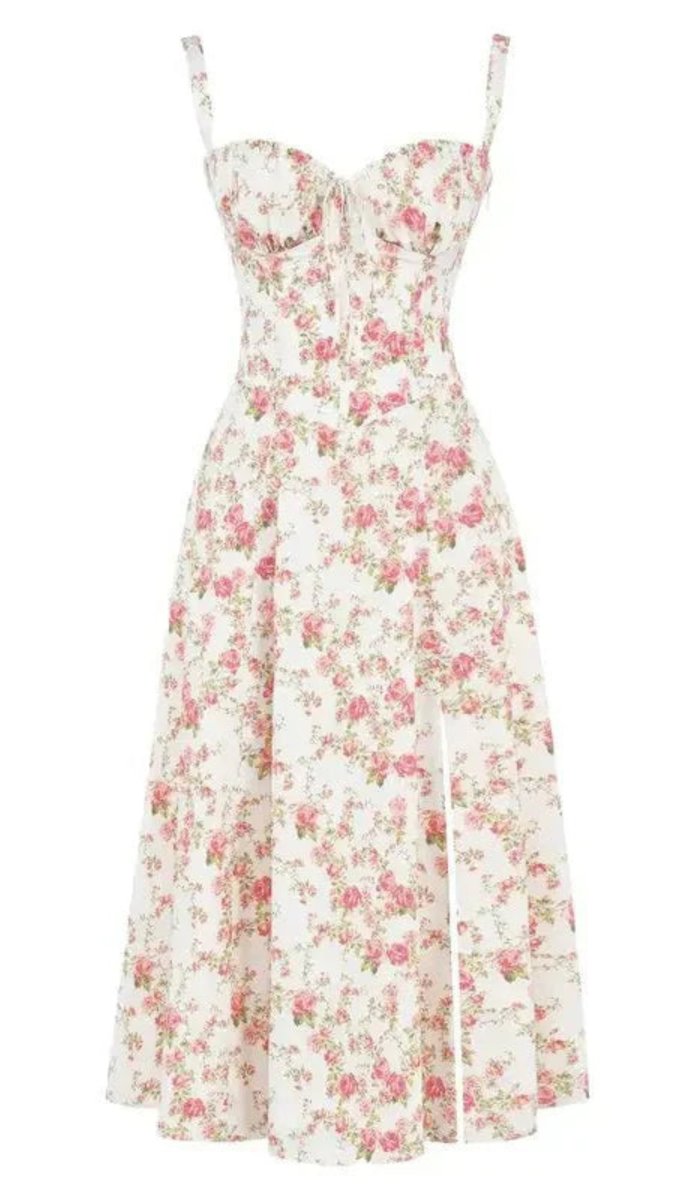 Women's Floral Corset-Bodice Satin Fall Midi Dress Side Slit