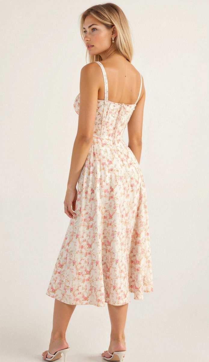 Women's Floral Corset-Bodice Satin Fall Midi Dress Side Slit
