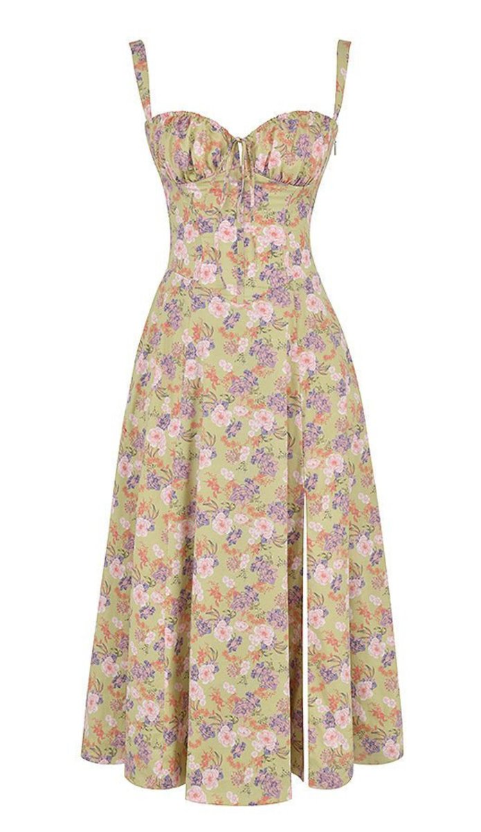 Women's Floral Corset-Bodice Satin Fall Midi Dress Side Slit