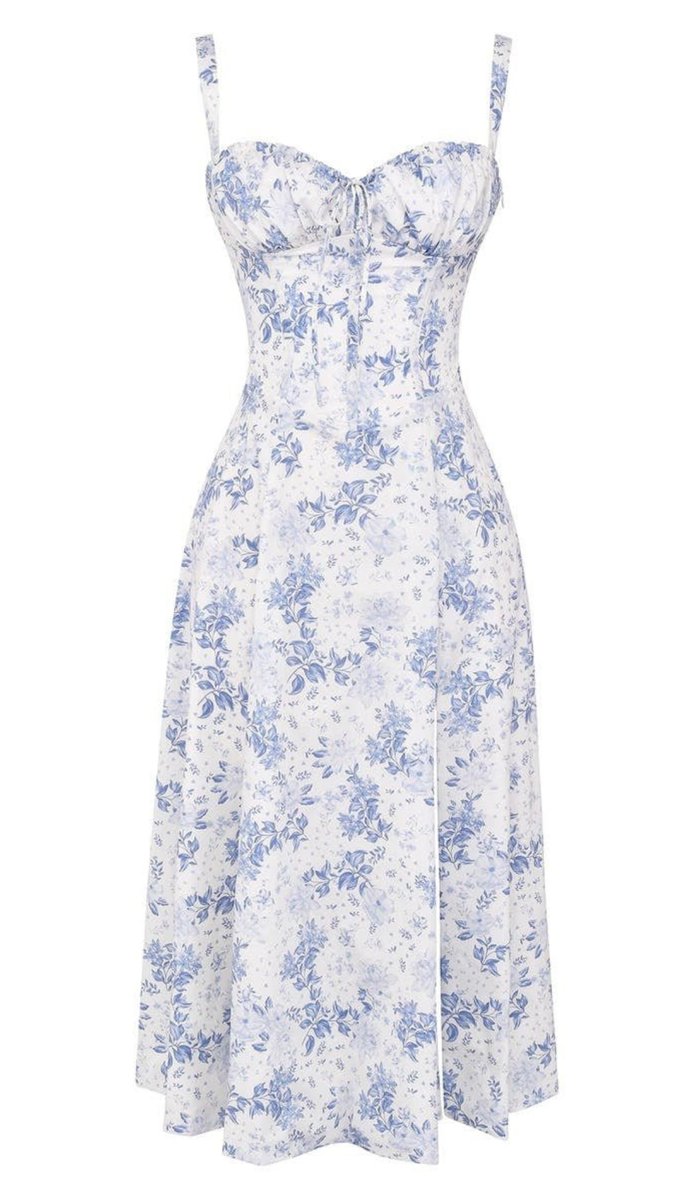 Women's Floral Corset-Bodice Satin Fall Midi Dress Side Slit