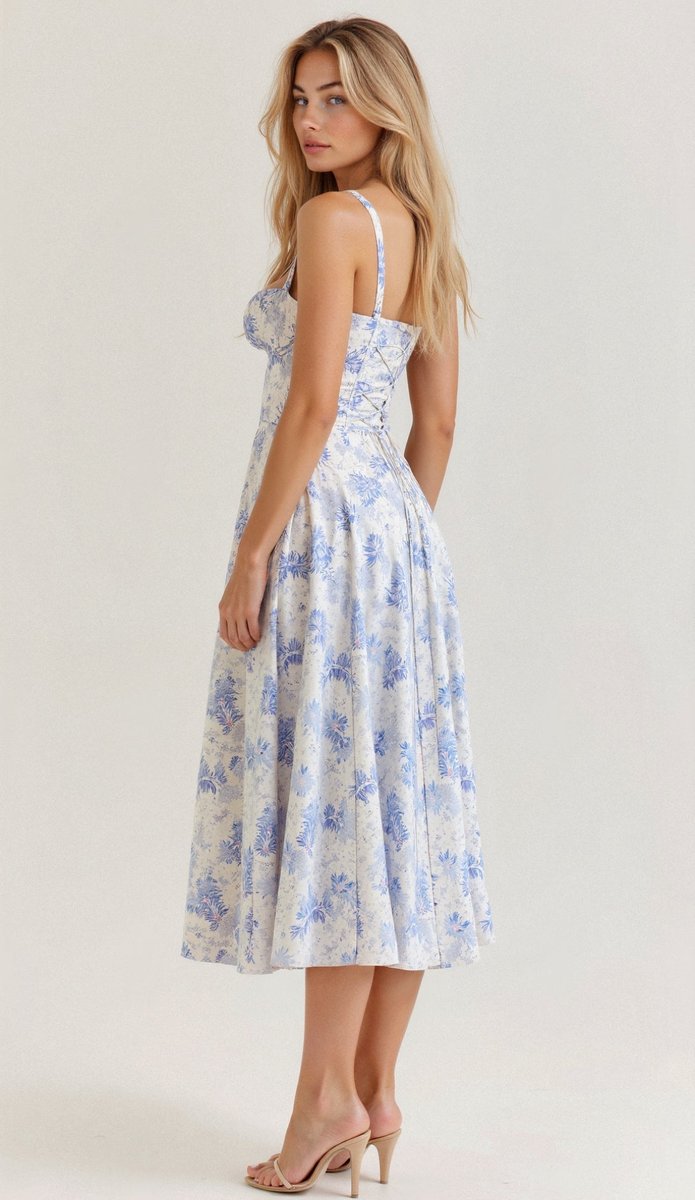 Women's Floral Corset-Bodice Satin Fall Midi Dress Side Slit