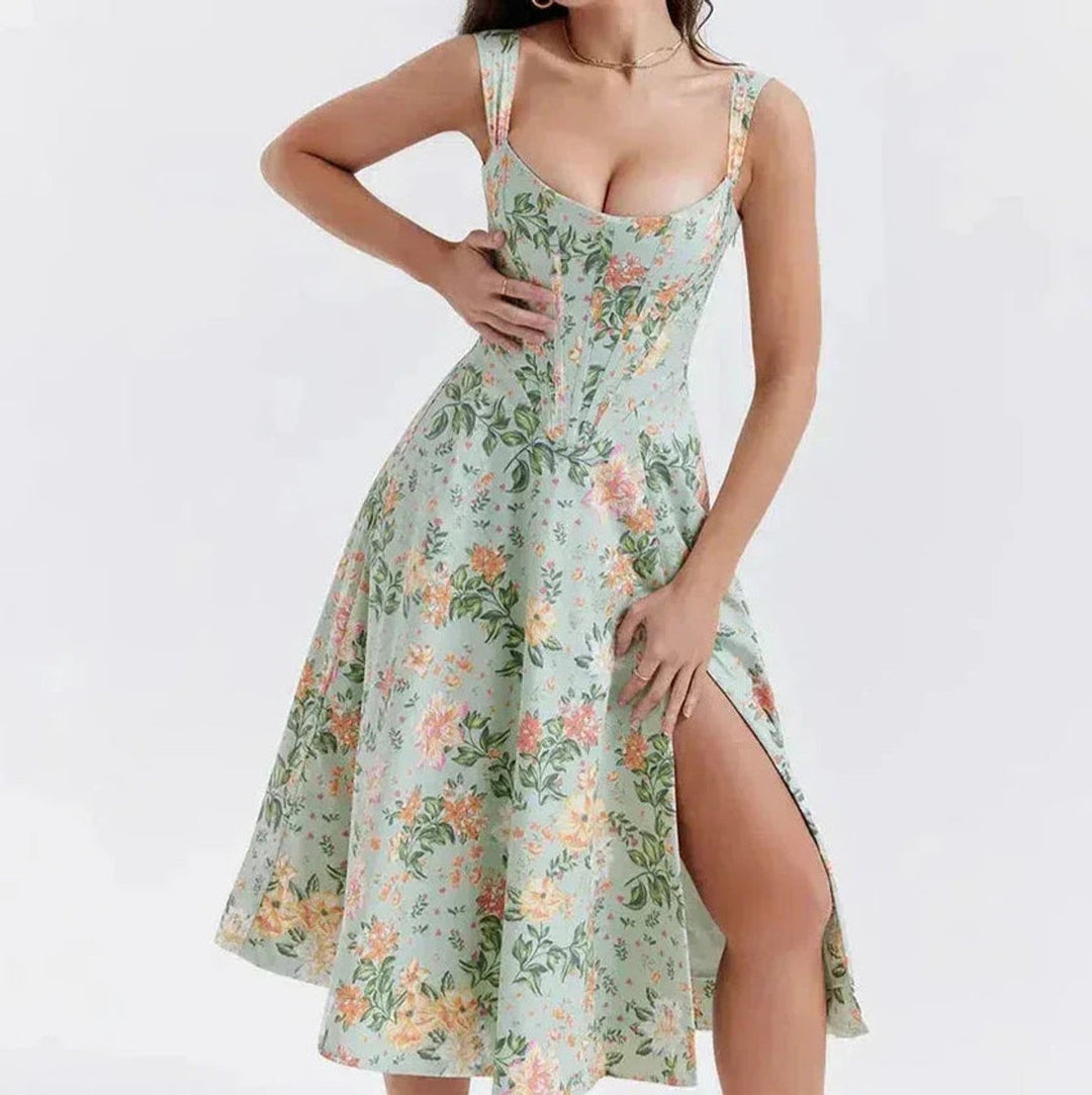 Women's Floral Corset Fall Midi Dress A-Line Sleeveless Slit Skirt