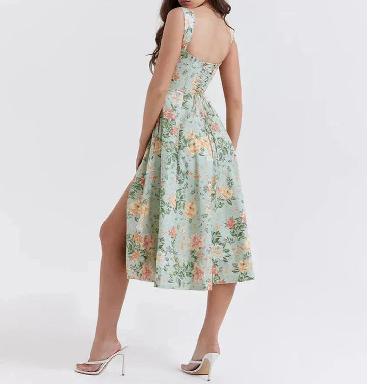 Women's Floral Corset Fall Midi Dress A-Line Sleeveless Slit Skirt