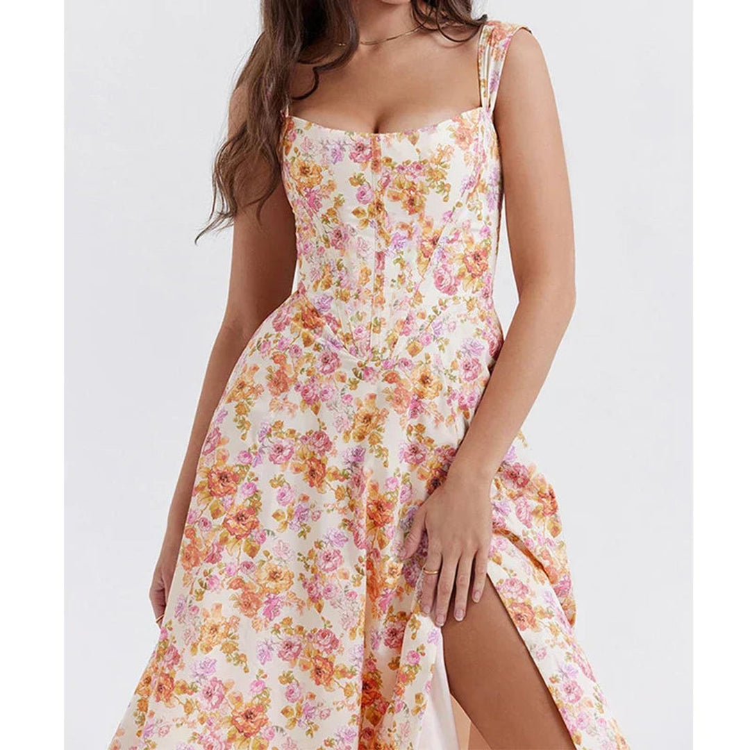 Women's Floral Corset Fall Midi Dress A-Line Sleeveless Slit Skirt