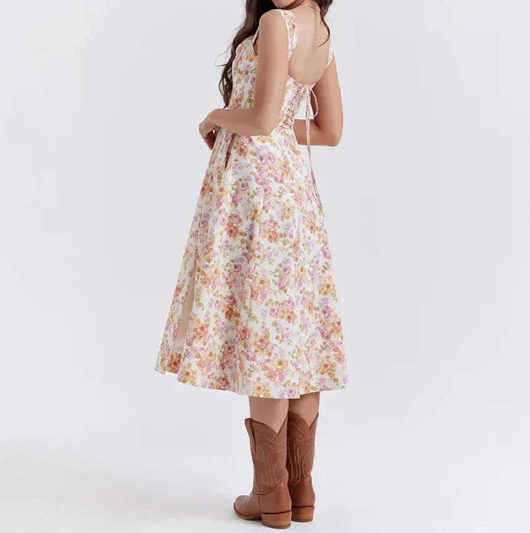 Women's Floral Corset Fall Midi Dress A-Line Sleeveless Slit Skirt