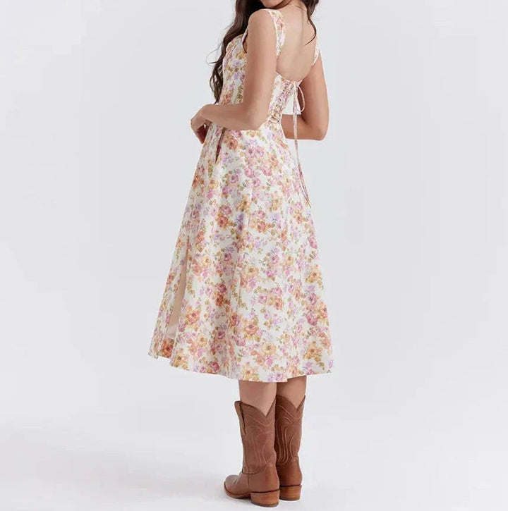 Women's Floral Corset Fall Midi Dress A-Line Sleeveless Slit Skirt