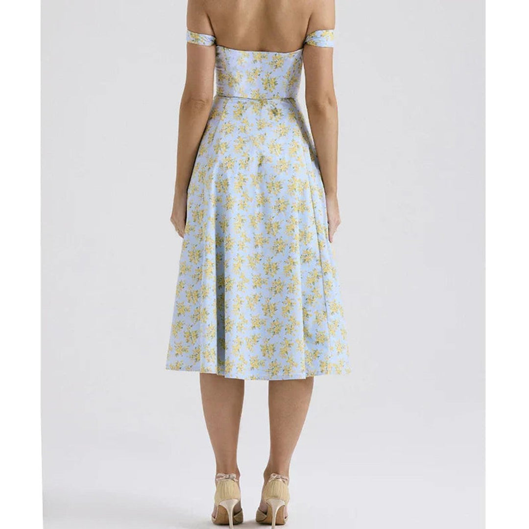 Women's Floral Corset Fall Midi Dress A-Line Sleeveless Slit Skirt
