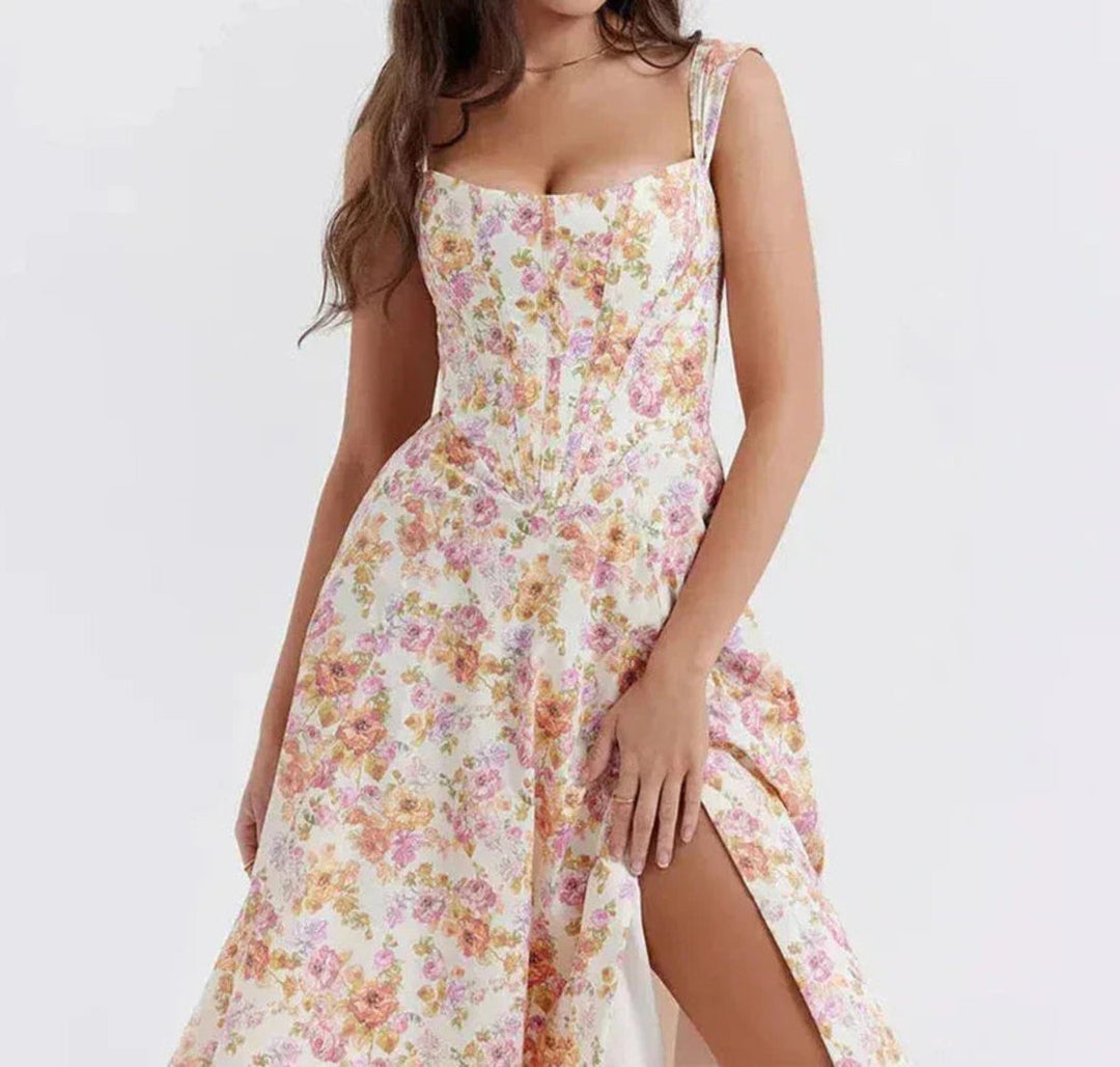 Women's Floral Corset Fall Midi Dress A-Line Sleeveless Slit Skirt