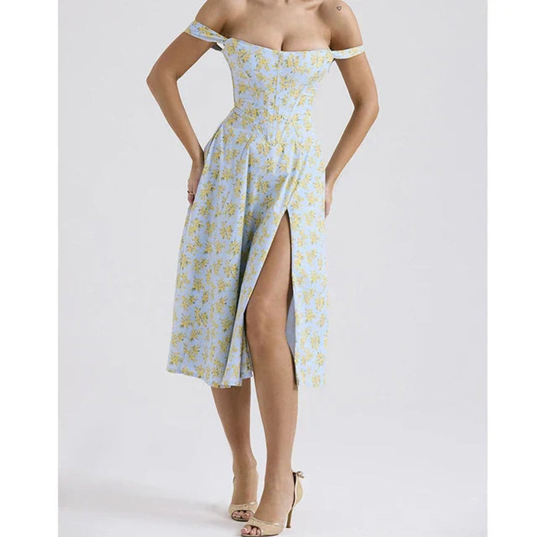 Women's Floral Corset Fall Midi Dress A-Line Sleeveless Slit Skirt