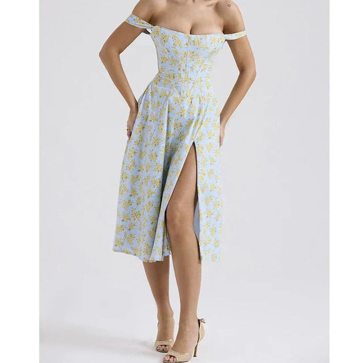Women's Floral Corset Fall Midi Dress A-Line Sleeveless Slit Skirt