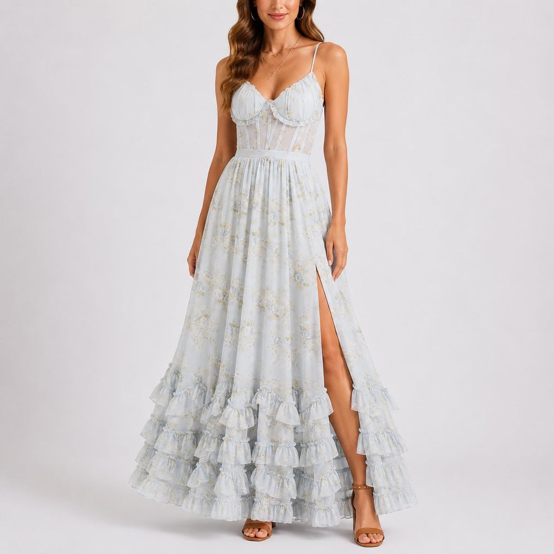 Women's Floral Corset Maxi Fall Wedding Guest Dress Tiered Ruffle Slit