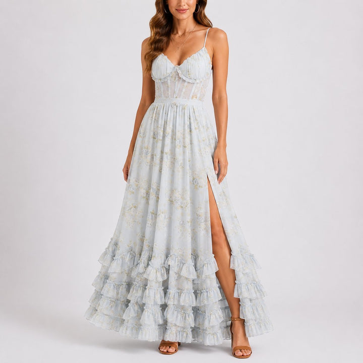 Women's Floral Corset Maxi Fall Wedding Guest Dress Tiered Ruffle Slit