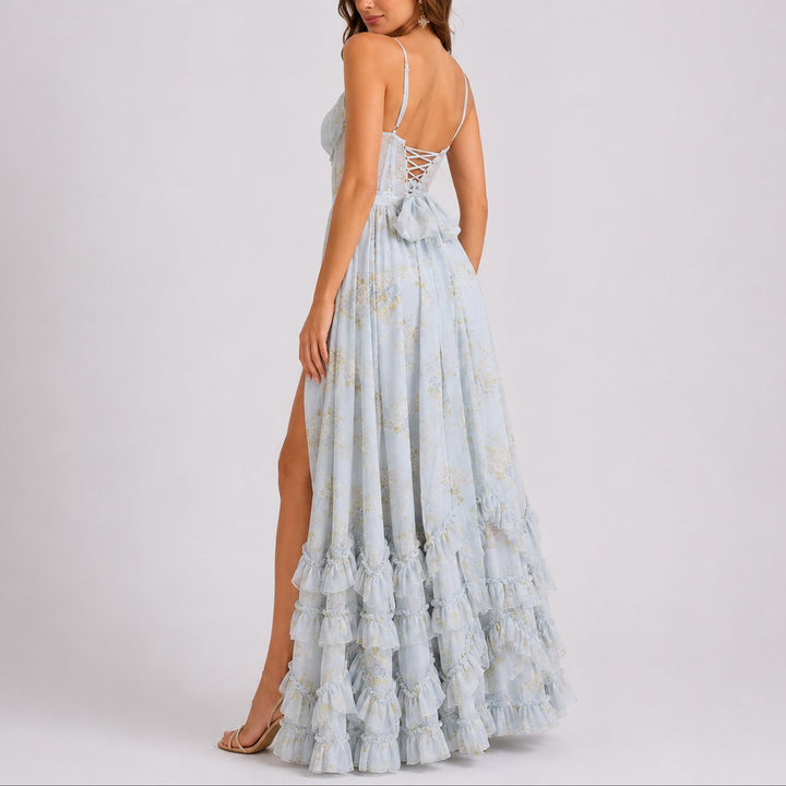 Women's Floral Corset Maxi Fall Wedding Guest Dress Tiered Ruffle Slit