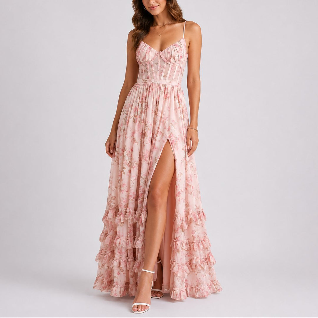 Women's Floral Corset Maxi Fall Wedding Guest Dress Tiered Ruffle Slit