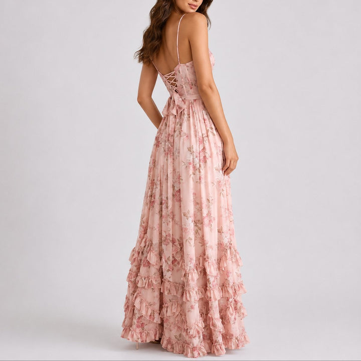 Women's Floral Corset Maxi Fall Wedding Guest Dress Tiered Ruffle Slit