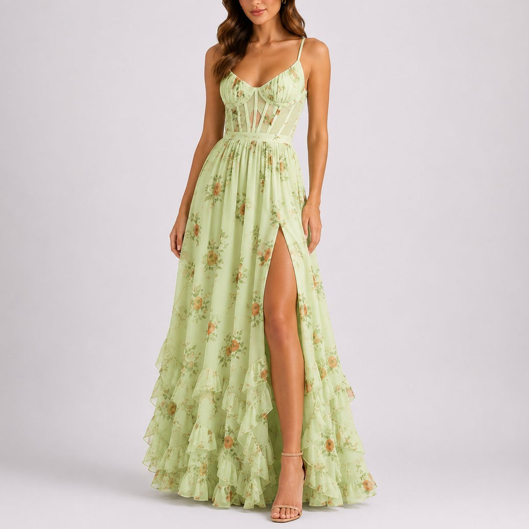 Women's Floral Corset Maxi Fall Wedding Guest Dress Tiered Ruffle Slit