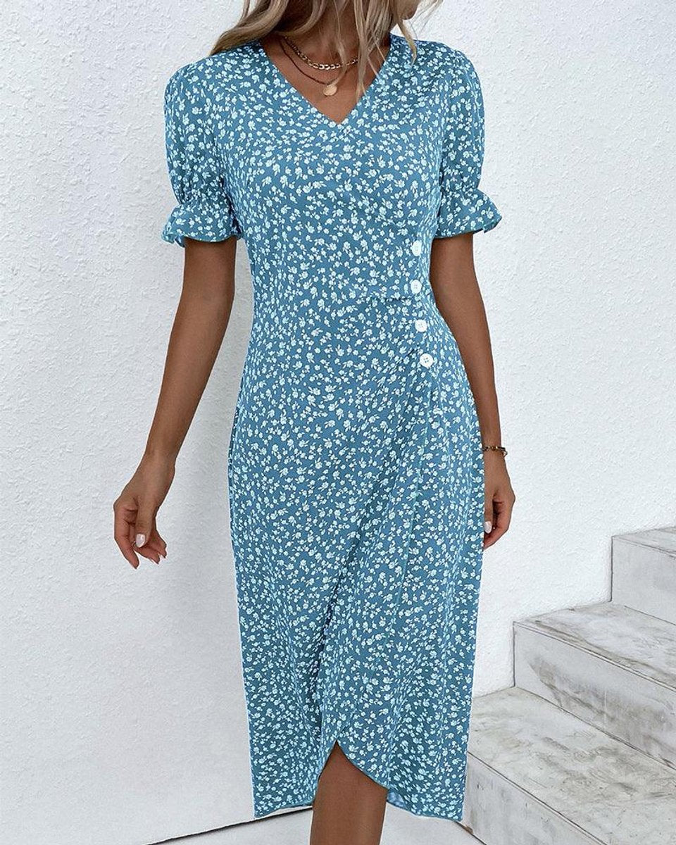 Women's Floral Ditsy-Print Puff-Sleeve Fall Midi Dress