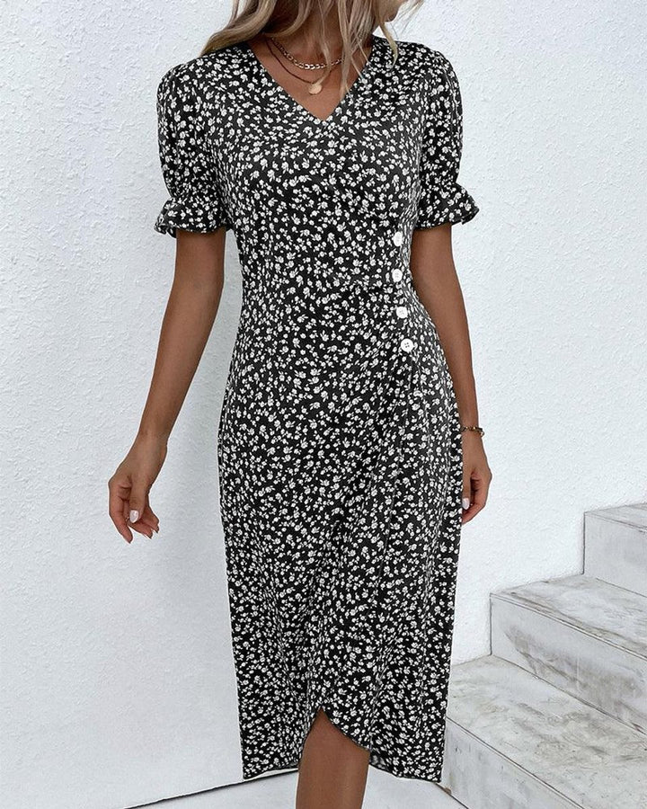 Women's Floral Ditsy-Print Puff-Sleeve Fall Midi Dress