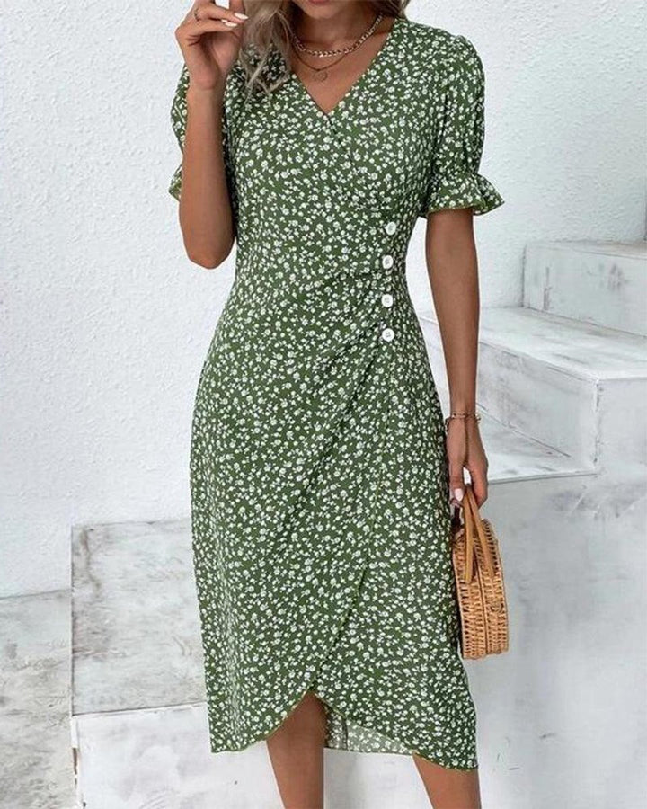Women's Floral Ditsy-Print Puff-Sleeve Fall Midi Dress
