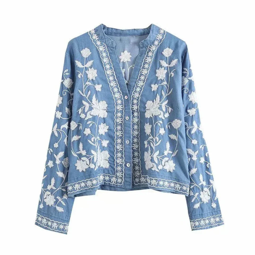 Women's Floral Embroidered Loose-Fit Button-Front Denim Jacket