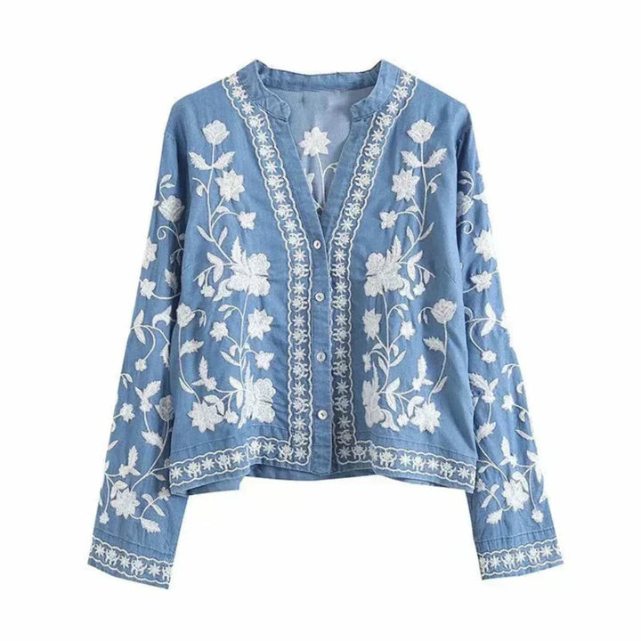Women's Floral Embroidered Loose-Fit Button-Front Denim Jacket