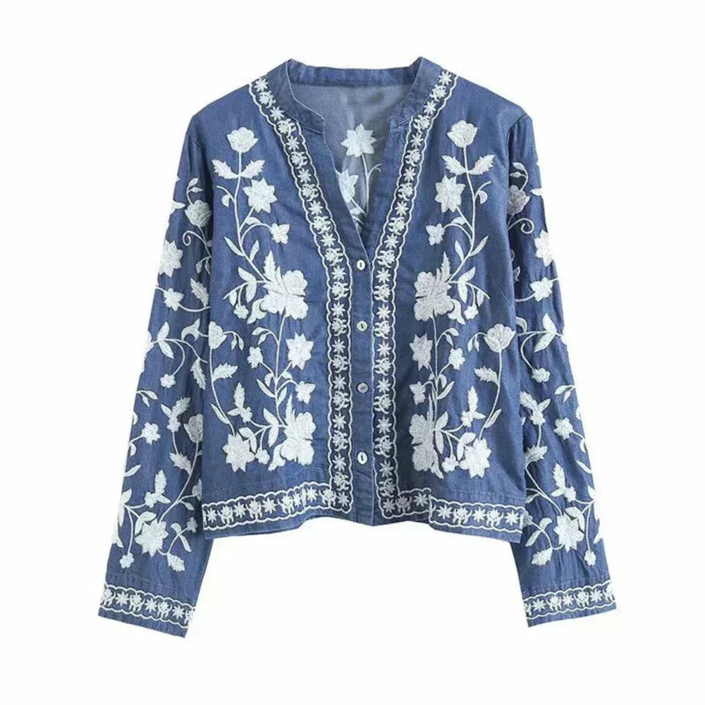 Women's Floral Embroidered Loose-Fit Button-Front Denim Jacket