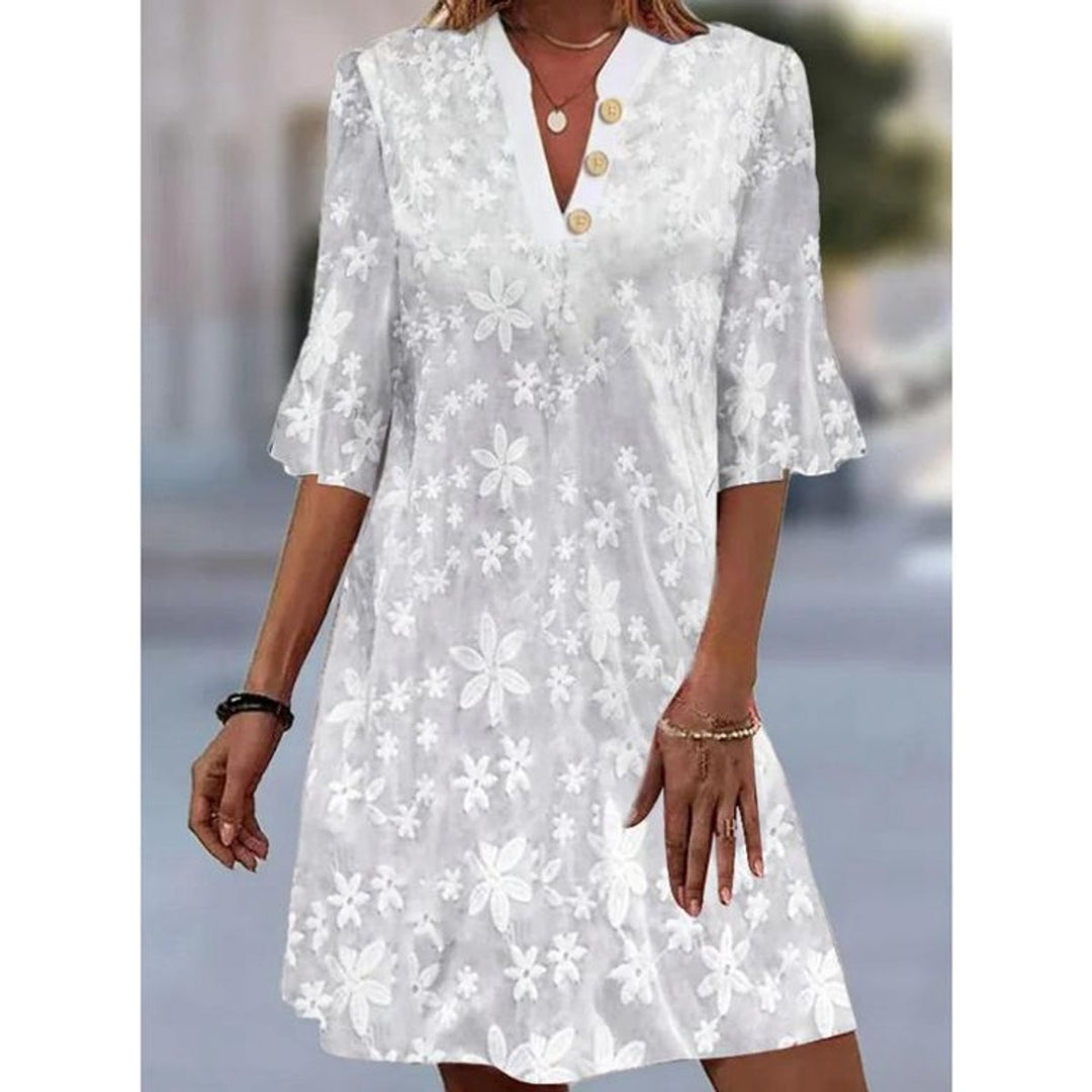 Women's Floral Embroidered V-Neck Fall Midi Dress Half-Sleeve A-Line