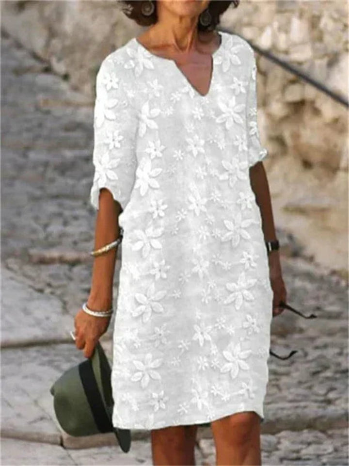 Women's Floral Embroidered V-Neck Half-Sleeve Fall Midi Dress