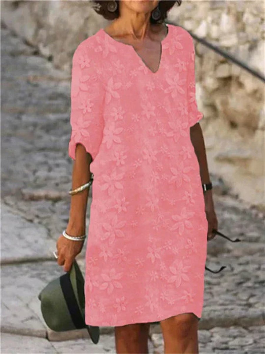Women's Floral Embroidered V-Neck Half-Sleeve Fall Midi Dress