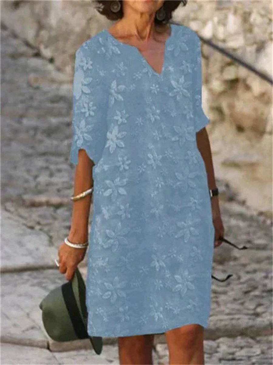 Women's Floral Embroidered V-Neck Half-Sleeve Fall Midi Dress