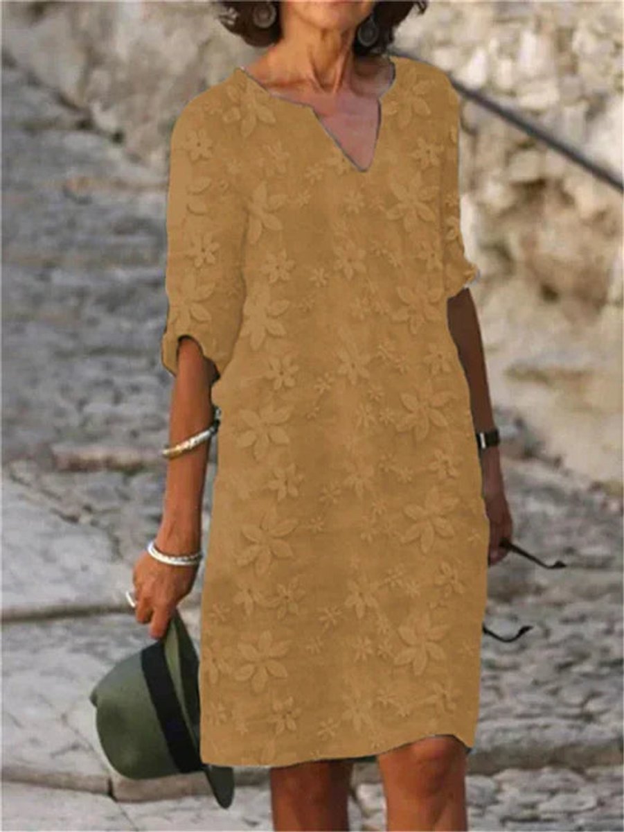 Women's Floral Embroidered V-Neck Half-Sleeve Fall Midi Dress