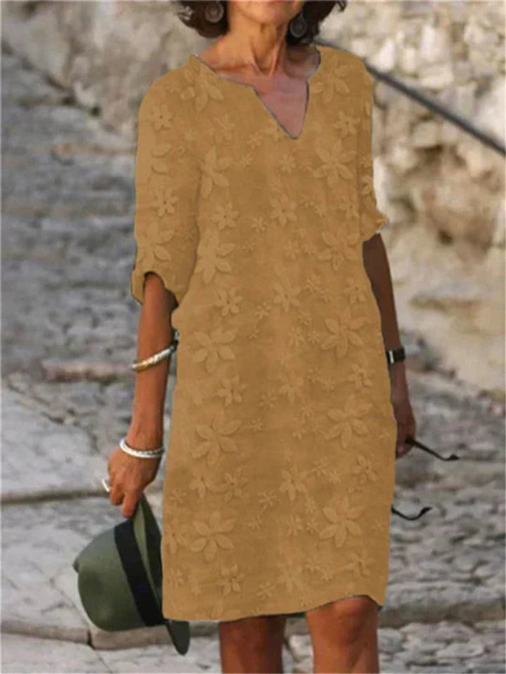 Women's Floral Embroidered V-Neck Half-Sleeve Fall Midi Dress