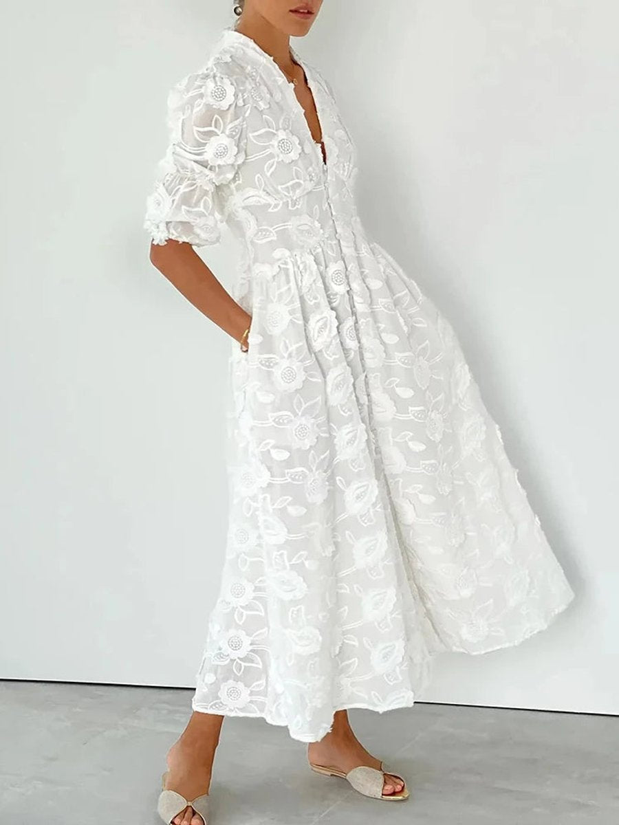 Women's Floral Embroidered V-Neck Puff Sleeve Fall Midi Dress