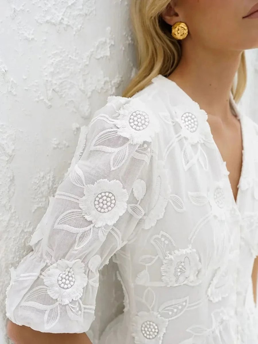 Women's Floral Embroidered V-Neck Puff Sleeve Fall Midi Dress