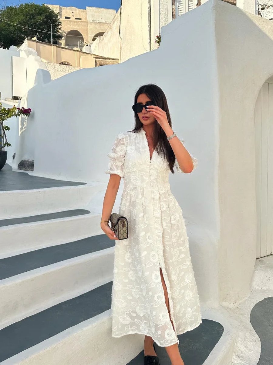 Women's Floral Embroidered V-Neck Puff Sleeve Fall Midi Dress