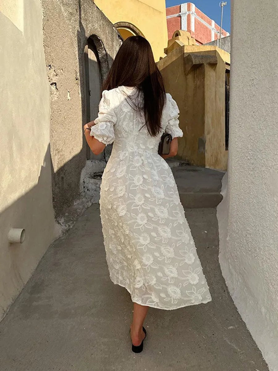 Women's Floral Embroidered V-Neck Puff Sleeve Fall Midi Dress