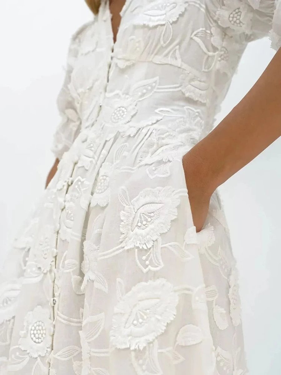 Women's Floral Embroidered V-Neck Puff Sleeve Fall Midi Dress