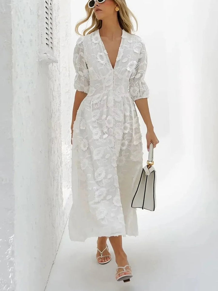Women's Floral Embroidered V-Neck Puff Sleeve Fall Midi Dress